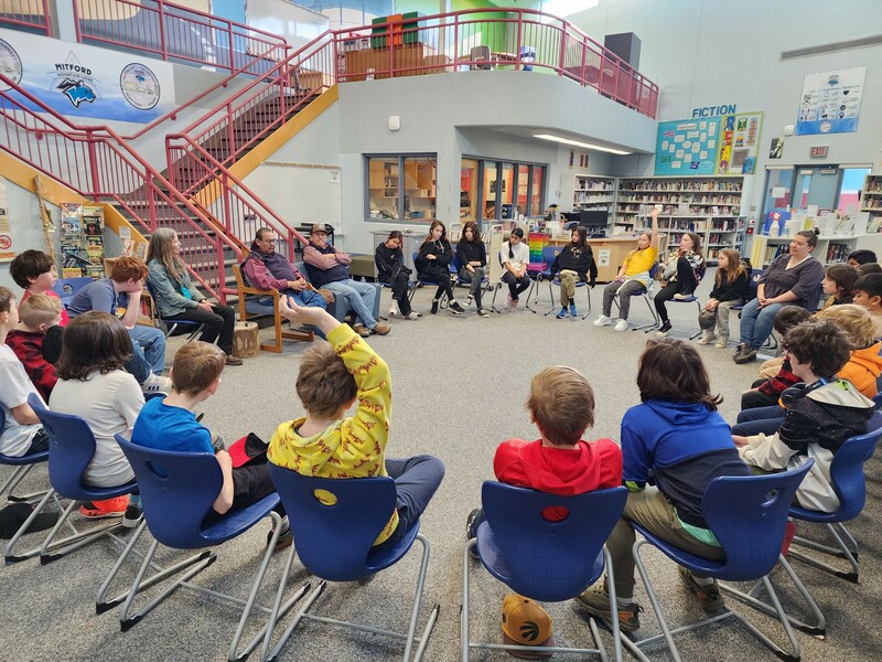 Students seated in a circle listening to our Stoney Nakoda Knowledge Keepers