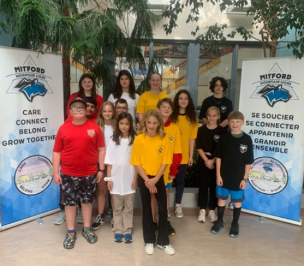 a group of Mitford students standing in between our school banners